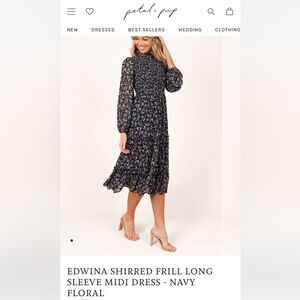 Petal and Pup EDWINA SHIRRED FRILL LONG SLEEVE MIDI DRESS - NAVY FLORAL